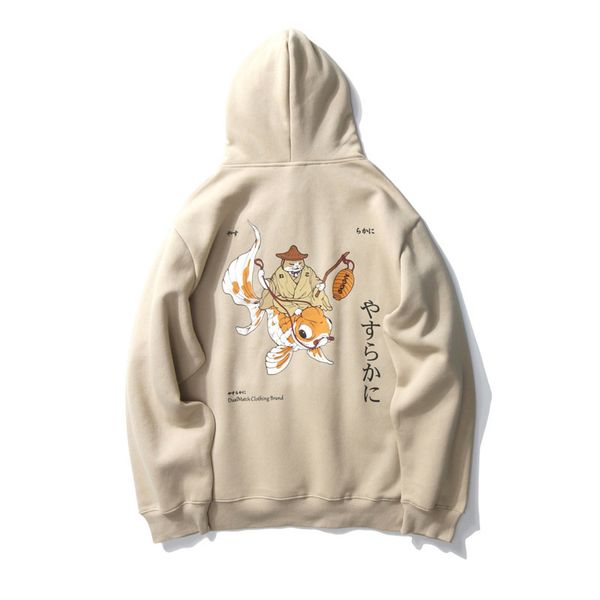 

hoodies men japanese style sweatshirts thicken hooded koi fish cat print men's streetwear women fashion hip hop couple hoodie c1212, Black