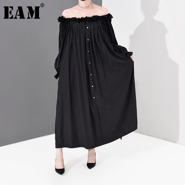 

eam] women black ruffles split big size long dress new slash neck long sleeve loose fit fashion tide spring summer 2020 jz04401, Black;gray