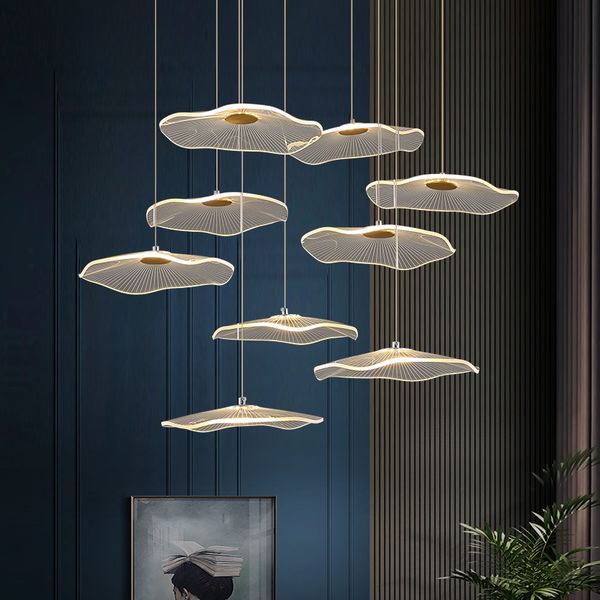 

new chinese lotus leaf pendant lamps luxury long stair hanging lights villa living dining bar pendant lamp tea room staircase
