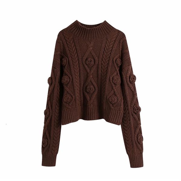 

2021 new cable knitted brown cropped women autumn winter high neck flowers long sleeve sweater ladies pullovers bcmk, White;black