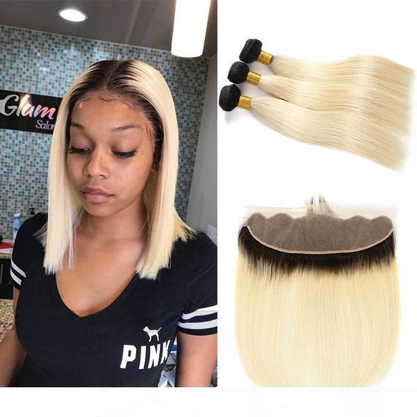 

1b 613 blonde 3 bundles with 13x4 lace frontal ombre color straight pre plucked brazilian virgin human hair cuticle aligned weave wholesale, Black;brown