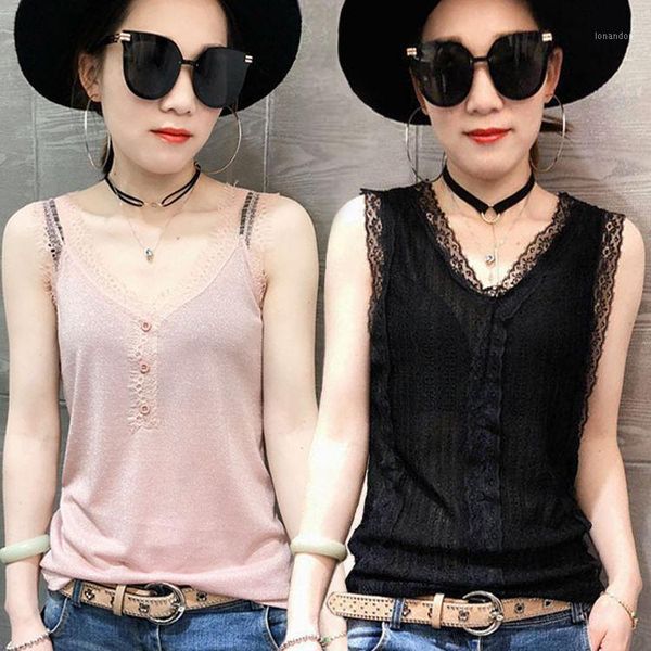 

women's tanks & camis 2021 summer women patchwork laciness v-neck camisole female casual sleeveless loose solid plus size vest y31, White