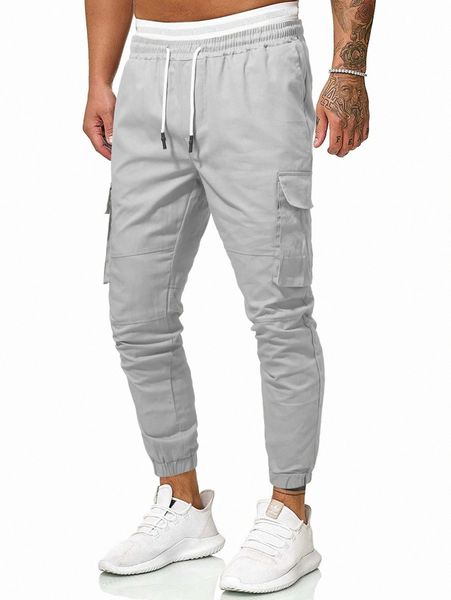 

men flap pocket drawstring waist cargo pants 59rh#, Black