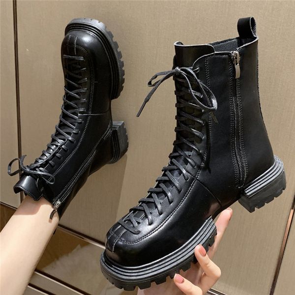 

2021 leather -martin women's winter women lace up ankle cowboy flat combat boots db5q, Black
