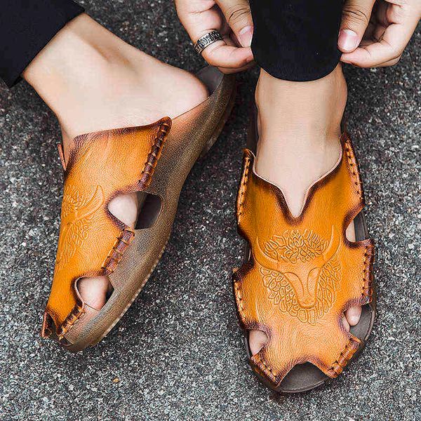

slippers men's summer sandals original leather comfortable slip-on casual beach shoes wear-resistant anti-skid men size 38-48 220302, Black