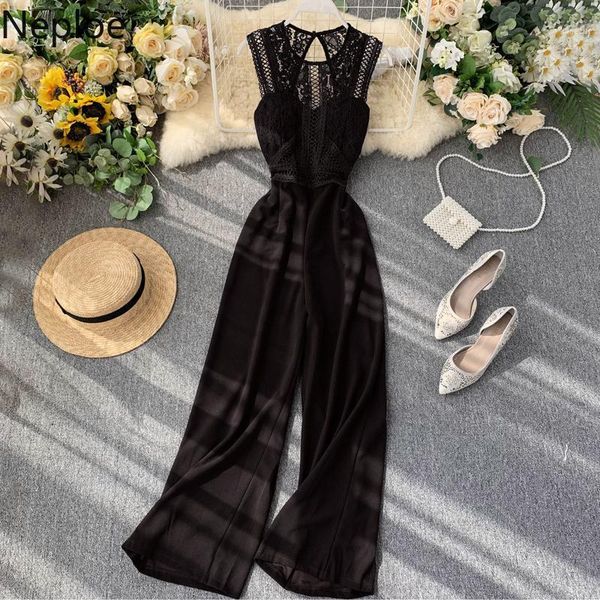 

neploe jumpsuit female high waist hip wide leg bodysuit patchwork lace hollow out sleeveless summer playsuits temperament1, Black;white