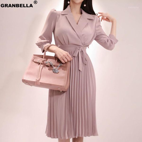 

2020 new korean elegant pleated midi dress with belt stylish notched collar women summer dresses autumn dresses vestido1, Black;gray