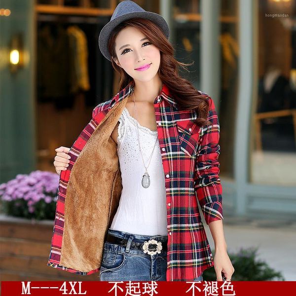 

winter warm blouses camisa femininas long sleeve thick velvet plaid shirt flannel shirts cotton 4xl plus size women coats1, White