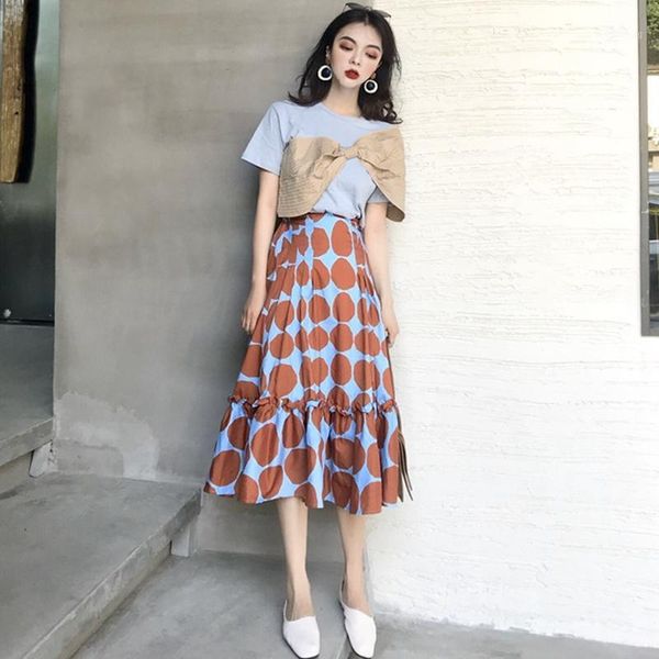 

2020 summer women two piece set casual o-neck bow t-shirt + elastic waist polka dot long skirt fashion 2 piece set1, White