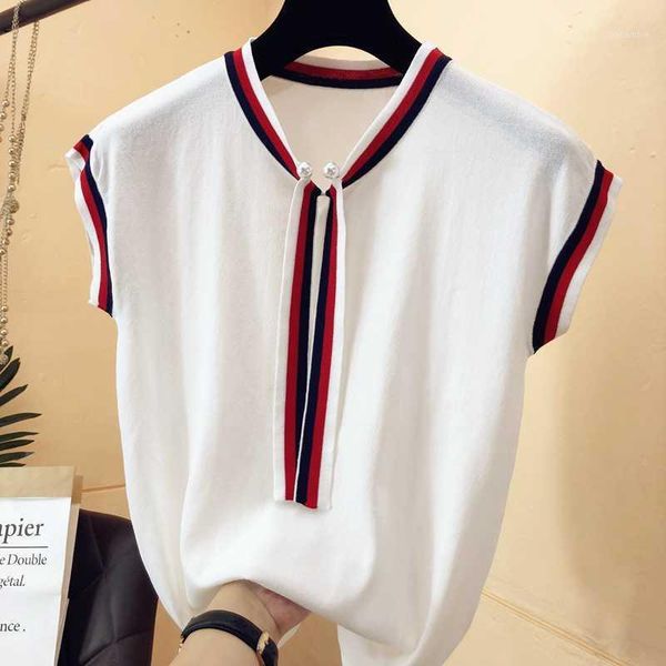 

ribbon patchwork ice silk knitted sweater women korean o-neck beading pullover modis short sleeve white summer 2020 new1, White;black