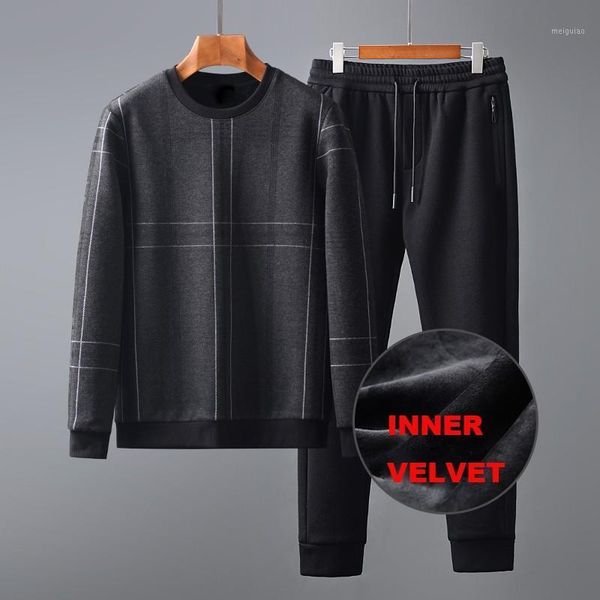 

new add velvet thicken mens sets (sweatshirt+pants) luxury round collar plaid sports male suits slim fit mens hoodies 4xl1, Gray