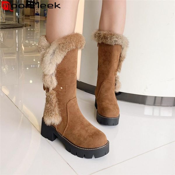 

moonmeek 2020 new mid calf boots women rond toe zip flock square heels ladies prom autumn winter boots big size 34-431, Black