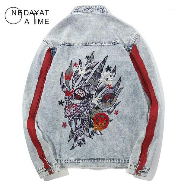 

2020 men hip hop jacket streetwear embroidery dragon denim jacket graffiti harajuku oversize red striped denim coat stree1, Black;brown