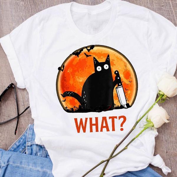 

women graphic cat pumpkin color cute cartoon print autumn fall halloween clothes lady tees female t shirt womens t-shirt, White