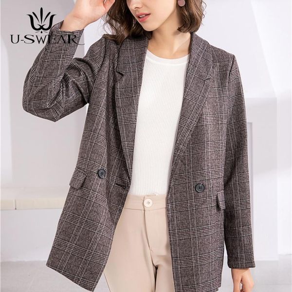 

2020 new autumn winter women's blazers double breasted pockets formal jackets notched outerwear plaid small suit harajuku1, White;black