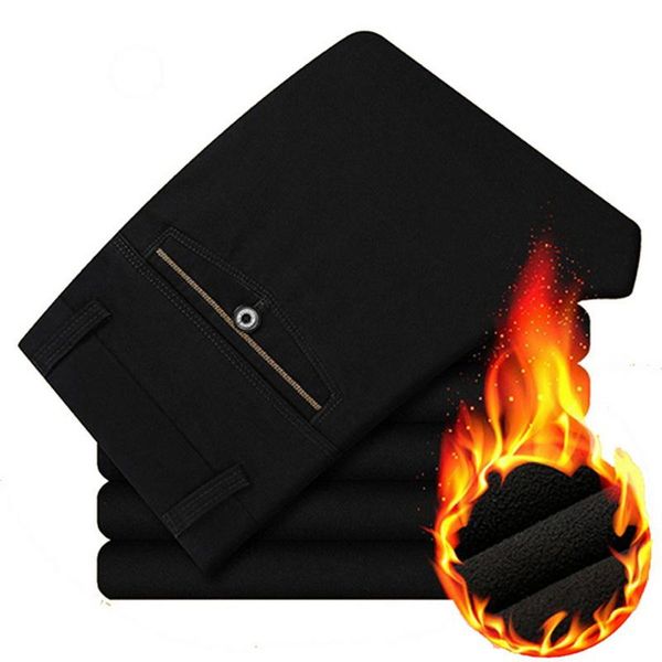 

middle aged high waist cotton mens trousers winter business casual suit pants male straight plus velvet thicken warm trousers, White;black