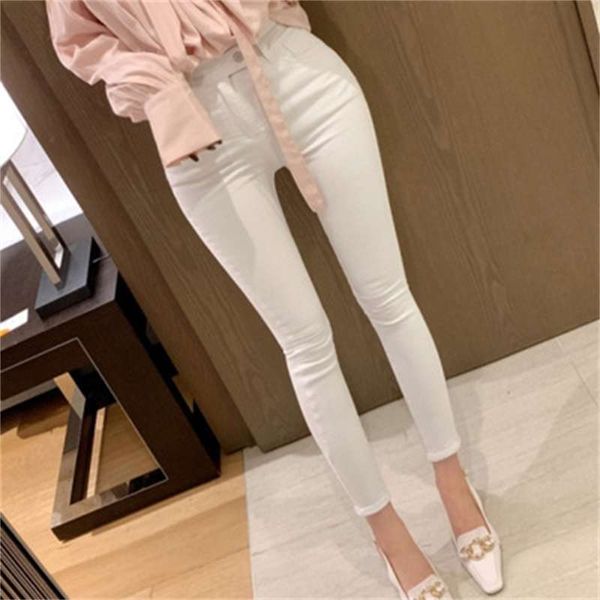 

white straight jeans women's spring and summer new korean version slim, high waist elastic nine point bottoming pants, Blue
