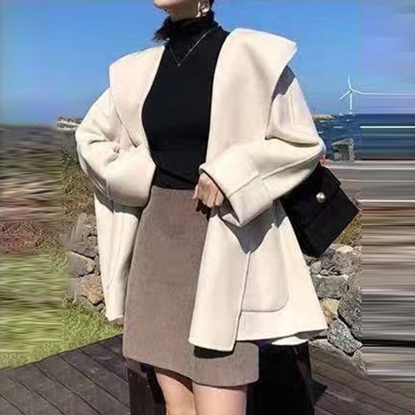 

2021 new ladies coat autumn winter all-match simple literature cloak woolen coats female korea student jacket overcoat 5y18, Black