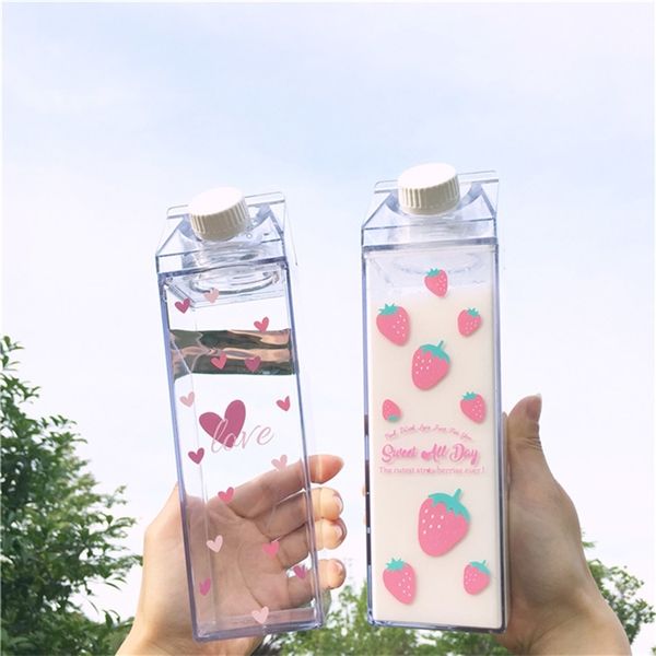 500 ml Kreative Nette Kunststoff Klare Milch Karton Wasserflasche Mode Erdbeere Transparente Milch Box Saft Wasser Tasse für Mädchen kind 201127