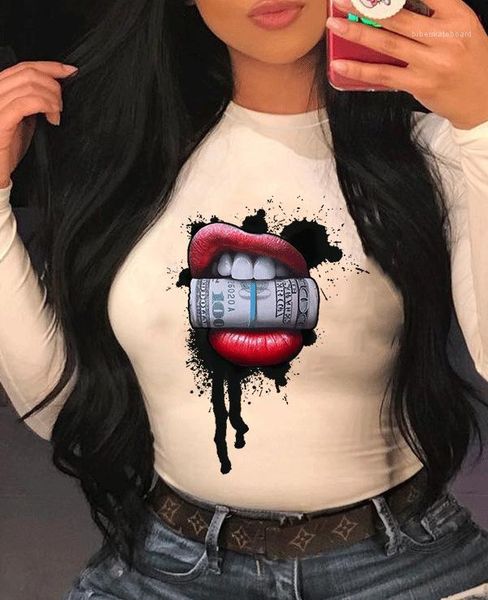 

summer tees fashion casual women clothes womens designer tshirt long sleeve dollar lip print spring, White