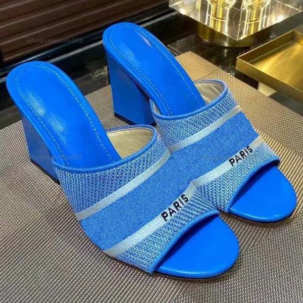 

2021 new 8.5 cm knitting sandals black red embroidery heels sheepskin womens casual slippers striped sandals rainbow letters slippers