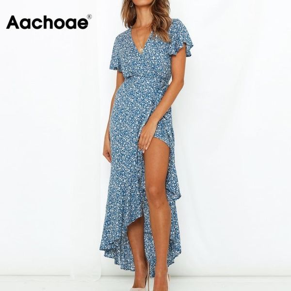 

aachoae women long maxi dress boho style floral print beach dress short sleeve side split summer dress sundress vestidos t200604, Black;gray