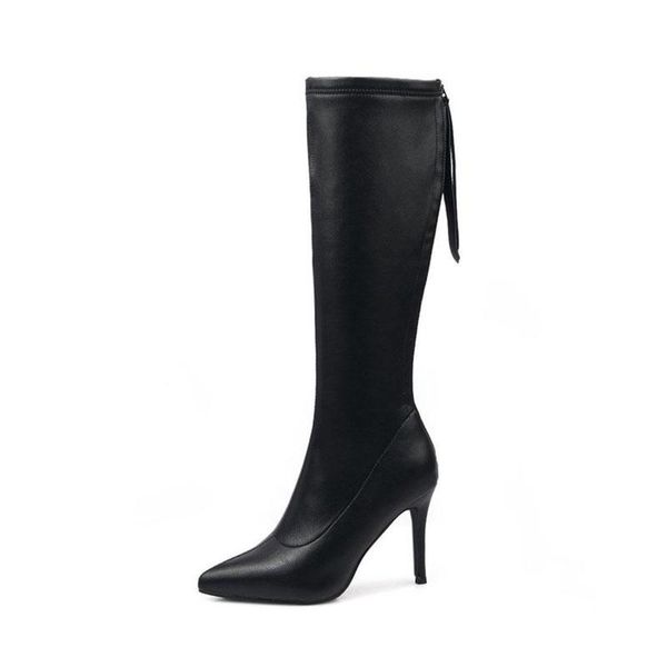 

boots pu leather plus velvet warm knee high women zipper thin heels ladies winter shoes femmes chaussures size 34-39, Black