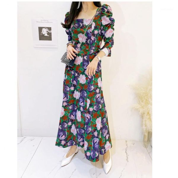 

korean style print dress 2020 autumn square neck flower bubble long sleeve long loose slim chiffon dress1, Black;gray