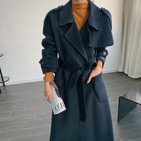 

2021 autumn and winter new double faced denim mori cashmere coat korean wool medium length women's coat 1135, Black
