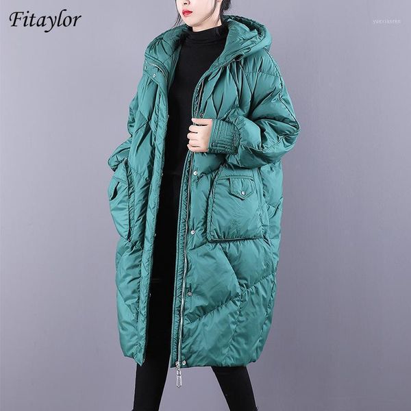 

fitaylor winter loose hooded long jacket women 90% white duck down coat hight quality bread parka thick warm splicing outwear1, Black