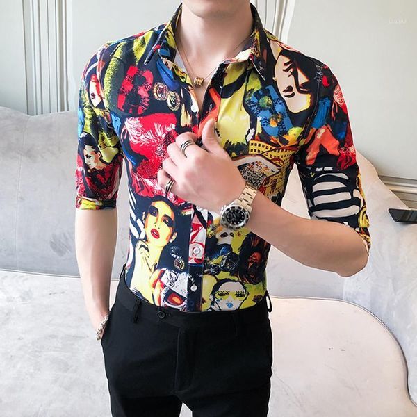 

men shirt beauty print streetwear social shirt half sleeve casual slim fit night club party blusa camisa masculina1, White;black