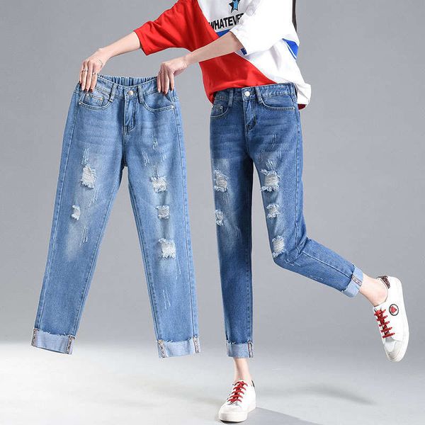 

super rotten jeans women's seven spring and summer new style broken hole elastic waist loose student's nine point harem pants, Blue