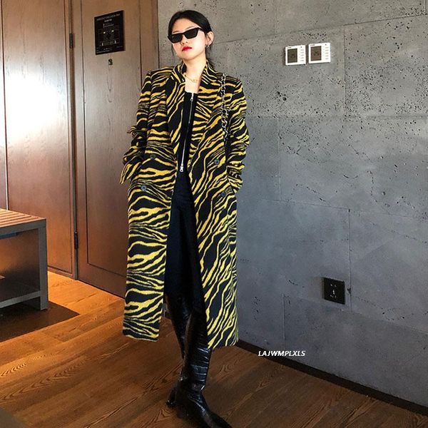 

women's wool & blends 2021 winter long coat women korean street turn-down collar zebra pattern stitching lady straight woolen overcoat, Black