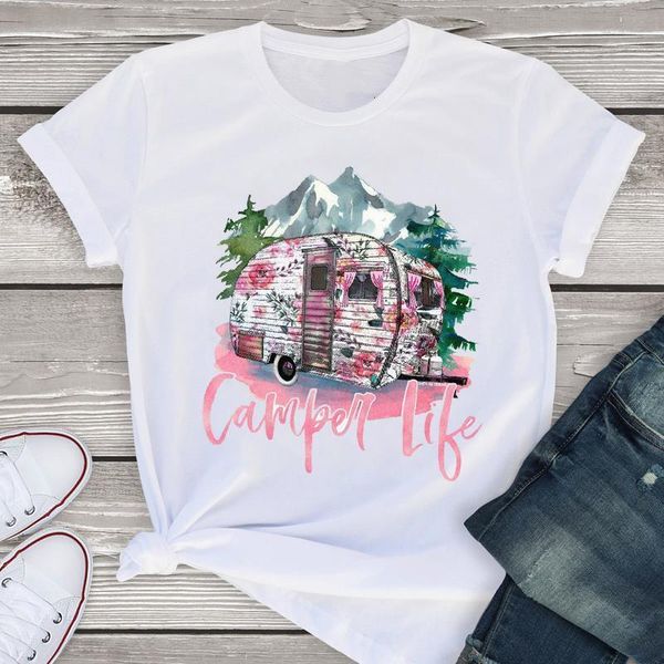 

women graphic short sleeve camper vacay fashion mountain summer lady womens clothing t-shirt shirt tees female t shirt, White
