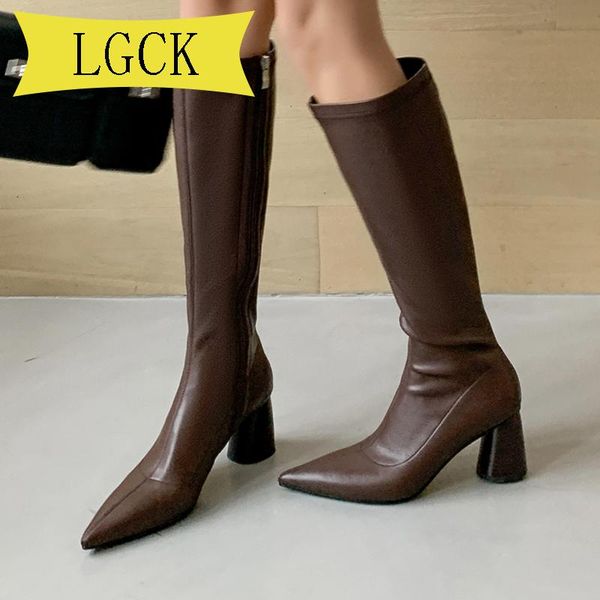 

plus size 34-43 fashion designer leather women knee high boots pointed toe boots women winter high heel long black brown