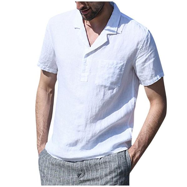 

jaycosin new fashion summer casual men's shirt cotton linen short sleeve solid turn-down collar shirts vintage man daily blouse, White;black