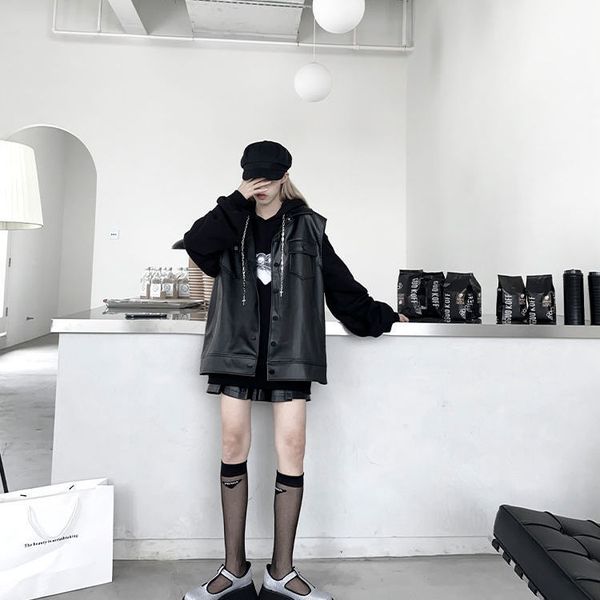 

2021 new spring fashion plutonium leather vests women fine occasional fitting of female waistcoat y179 j6or, Black