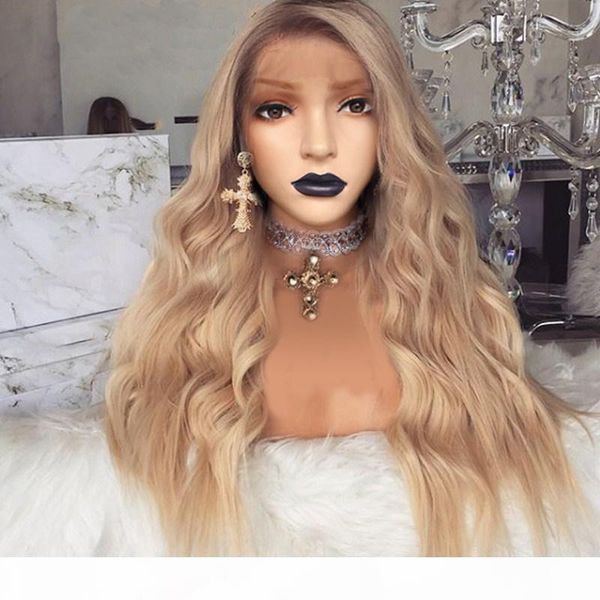 

glueless synthetic lace front wigs for black women 24inch long curly wave ombre blond hair high temperature wigs with baby hair