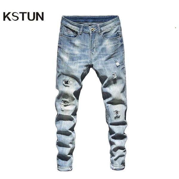 

men's jeans ripped men slim fit light blue stretch streetwear frayed hip hop distressed casual denim pants male trousers patched