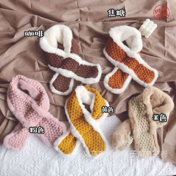 

children's plush cross knitted personalized korean stitching scarf autumn and winter soft baby color matching collar c4rd, Red;brown