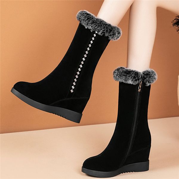 

women ice snow boot high genuine leather wedges high heel motorcycle boots female winter warm mink hair platform pumps, Black