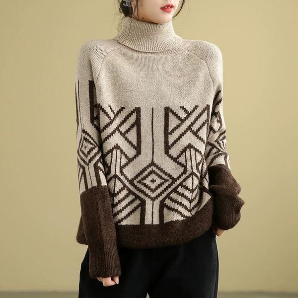 

winter thicker sweater women retro knitting loose sweaters new ladies turtleneck geometric pattern casual sweater, White;black