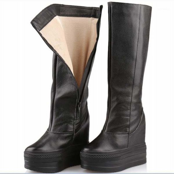 

women knee high boots all genuine leather long boots autumn winter ladies fashion thick sole platform height increasing shoes1, Black