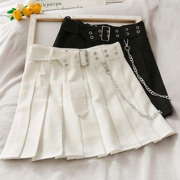 

skirts korean version of the high waist was thin chain decoration short skirt women 2021 anti-glare solid color pleated skirt1, Black