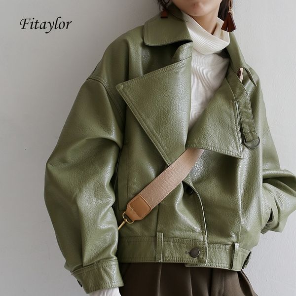 

fitaylor loose pu leather batwing sleeve vintage leather jacket street casual outwear ladies biker leather coat multicolor 210201, Black