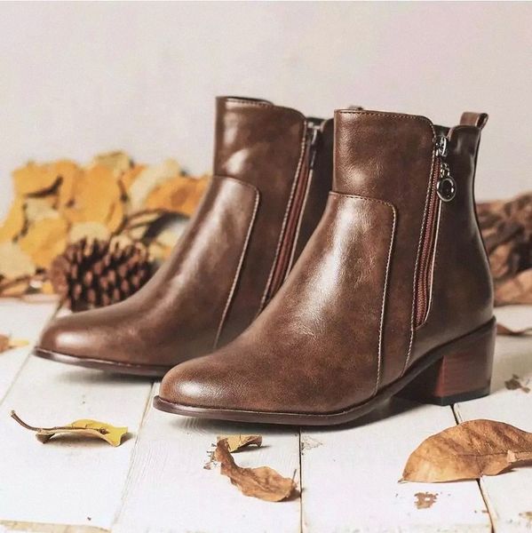 

new fashion women boots female autumn winter pu leather zipper cowboy ankle boots pointed toe wedge heel heels woman booties #xq5o, Black
