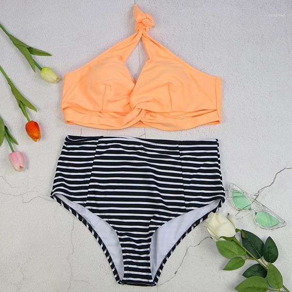 

new girl bikinis set bikini swimwear woman swimsuit swimming orange halter black striped wire mid waist large plus size 3xl1, White;black