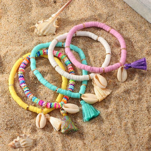 

color shell 5 bracelet national style tassel bracelet colorful soft pottery charm ring wristlet for lady girls party favor, Red;brown