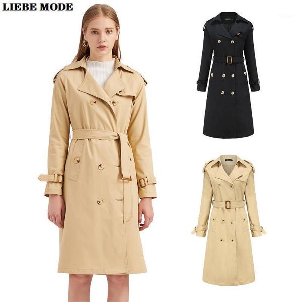 

women black khaki long trench coat with sashes double breasted office ladies turn down windbreaker button korean slim outwear1, Tan;black