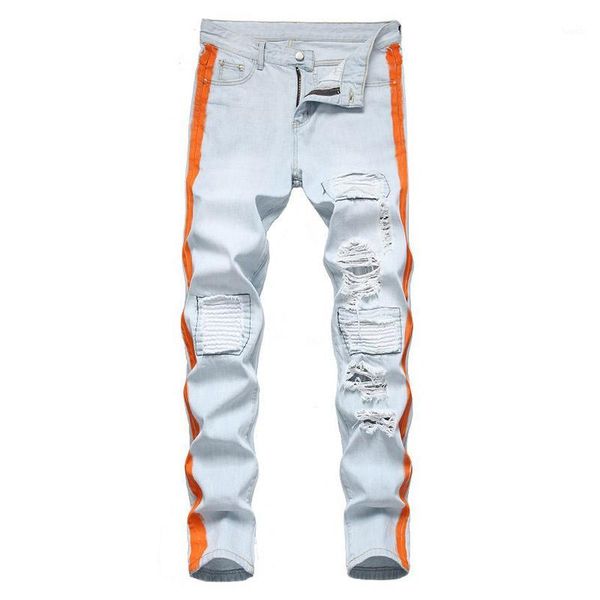 

mens ripped holes slim jeans pants light color washed patchwork denim trousers side painted1, Blue